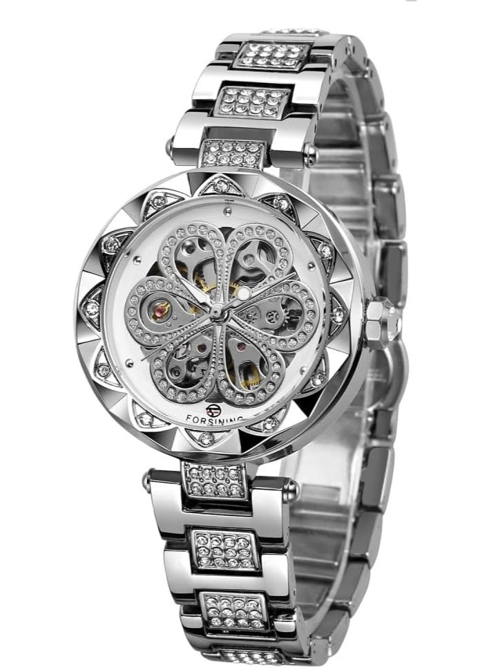 FORSINING Women Automatic Mechanical Watches Skeleton Steampunk Watch with Diamond and Carving Flower Craft Cold Watch for Women Minimalist Retro Design Mechanical Skeleton Wrist Watch - Image 1